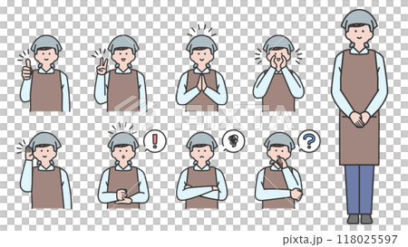 穿著吊帶和圍裙的男人，臉部表情和姿勢變化集 118025597