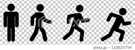 立つ、歩く、ランニング、速く走る人物のシンプルなアイコンセット 118025754