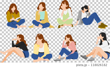 考え事をする女性のイラストセット 118026182