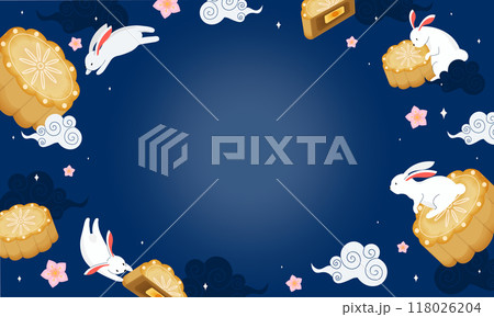 Mid-Autumn Festival frame with rabbits and mooncakes. Vector illustration 118026204
