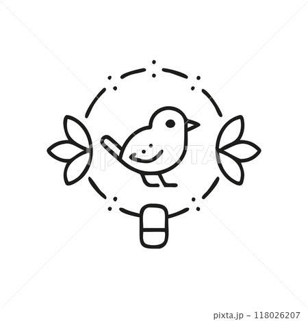 Black and white minimalist illustration of a bird within a circle, flanked by leaf details. Ideal for nature-themed designs, environmental content, and logos... Black and white minimalist illustration of a bird within a circle, flanked by leaf details. Ideal for nature-themed designs, environmental content, and logos... 118026207