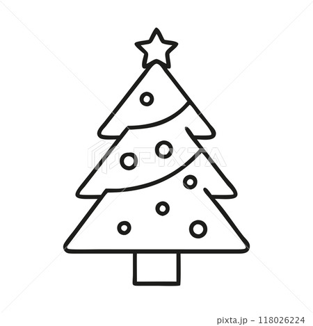 Black and white minimalist illustration of a Christmas tree adorned with a star and simple ornaments. Ideal for holiday-themed designs with a focus on clean and modern aesthetics... Black and white minimalist illustration of a Christmas tree adorned with a star and simple ornaments. Ideal for holiday-themed designs with a focus on clean and modern aesthetics... 118026224