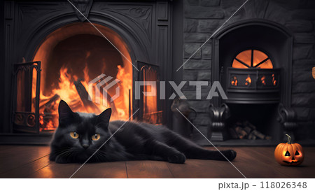 Halloween magical scene with black cat and fireplace. Digital artwork. Ai generated 118026348