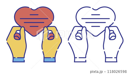 Thin line stroked color icon. Hands hold heart shaped greeting card for holiday on Valentine Day. Simple vector isolated on white background 118026598