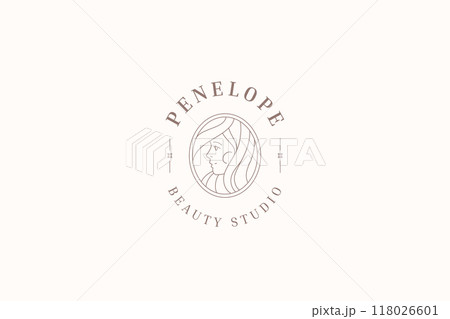 Beautiful young woman face with hair circle line art logo design template for coiffure vector 118026601