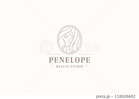 Elegant woman beauty face and hair line art logo design template vector illustration 118026602