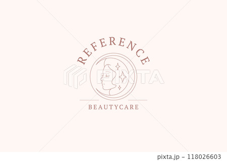 Sacred night goddess face with star and crescent circle line art logo design template vector 118026603