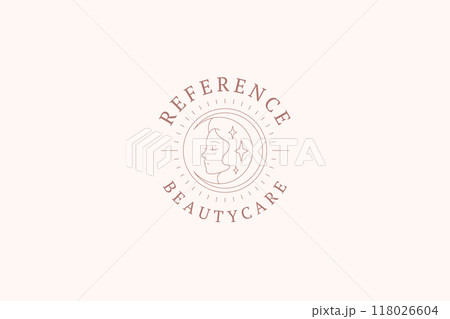 Beautiful mythology woman face with crescent and stars line art logo design template vector 118026604
