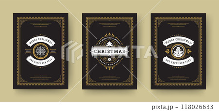 Christmas greeting cards vintage typographic design, ornate decorations, winter holidays wishes and ornament frames. Christmas greeting cards vintage typographic design, ornate decorations, winter holidays wishes and ornament frames. 118026633