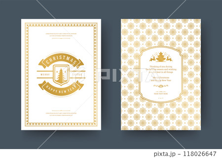 Christmas greeting card vintage typographic design, ornate decorations symbols with tree, winter holidays wish Christmas greeting card vintage typographic design, ornate decorations symbols with tree, winter holidays wish 118026647