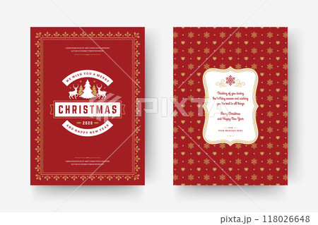 Christmas greeting card vintage typographic design, ornate decorations symbols with tree, winter holidays wish Christmas greeting card vintage typographic design, ornate decorations symbols with tree, winter holidays wish 118026648