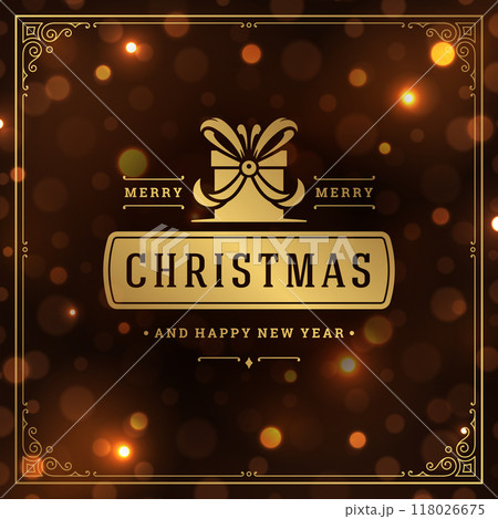 Merry christmas and happy new year text greeting card vintage typographic design, ornate decoration with gift symbol Merry christmas and happy new year text greeting card vintage typographic design, ornate decoration with gift symbol 118026675