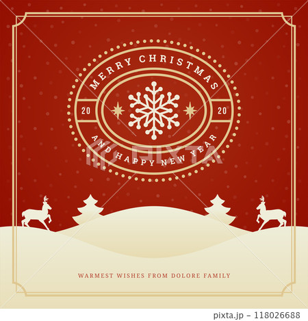 Merry christmas and happy new year text greeting card vintage typographic design, ornate decoration with reindeers Merry christmas and happy new year text greeting card vintage typographic design, ornate decoration with reindeers 118026688
