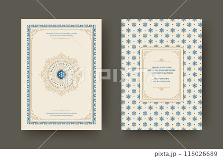 Christmas greeting card vintage typographic design, ornate decorations with symbols, winter holidays wish Christmas greeting card vintage typographic design, ornate decorations with symbols, winter holidays wish 118026689