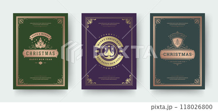 Christmas greeting cards set with vintage typographic design ornate decoration 118026800