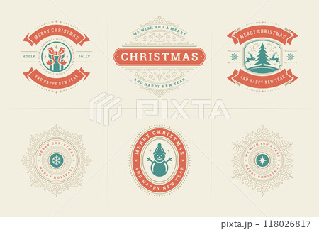Christmas vector ornate labels and badges set with happy new year holidays wishes typography for greeting cards 118026817