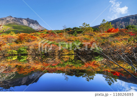 秋の那須岳(茶臼岳)、「ひょうたん池」の紅葉リフレクション【栃木県・那須塩原市】 秋の那須岳(茶臼岳)、「ひょうたん池」の紅葉リフレクション【栃木県・那須塩原市】 118026893