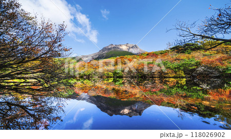 秋の那須岳(茶臼岳)、「ひょうたん池」の紅葉リフレクション【栃木県・那須塩原市】 秋の那須岳(茶臼岳)、「ひょうたん池」の紅葉リフレクション【栃木県・那須塩原市】 118026902