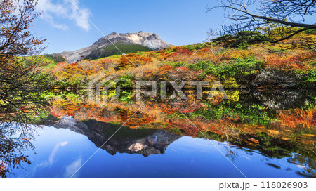 秋の那須岳(茶臼岳)、「ひょうたん池」の紅葉リフレクション【栃木県・那須塩原市】 秋の那須岳(茶臼岳)、「ひょうたん池」の紅葉リフレクション【栃木県・那須塩原市】 118026903