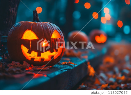 Glowing pumpkins lantern halloween. Generative AI. 118027055