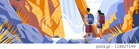 Hikers with backpacks exploring rocky canyon with waterfall and sunlight. Adventure nature outdoor travel landscape Hikers with backpacks exploring rocky canyon with waterfall and sunlight. Adventure nature outdoor travel landscape 118027149