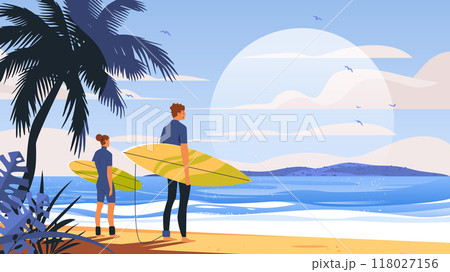 Surfers beach sunset tropical scene ocean waves palm trees people surfboards island horizon seagulls blue sky sandy shore nature summer holiday vacation adventure Surfers beach sunset tropical scene ocean waves palm trees people surfboards island horizon seagulls blue sky sandy shore nature summer holiday vacation adventure 118027156