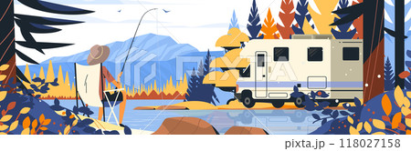 Camping scene with RV by lake autumn landscape fishing person colorful trees mountains outdoor adventure nature vibrant foliage 118027158
