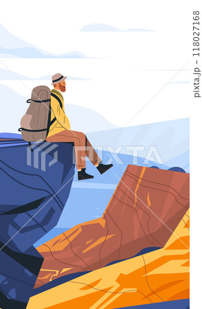 Hiker sitting on cliff edge with backpack mountain landscape adventure travel outdoor nature exploration Hiker sitting on cliff edge with backpack mountain landscape adventure travel outdoor nature exploration 118027168