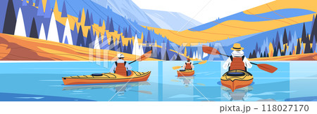 Kayaking in mountain lake scenery adventure. Three people kayaking on calm lake surrounded by colorful mountains and trees clear sky vibrant colors outdoor activity. Website banner template 118027170
