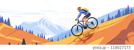 Mountain biker riding downhill on a trail in scenic landscape with mountains and pine trees in the background Mountain biker riding downhill on a trail in scenic landscape with mountains and pine trees in the background 118027173