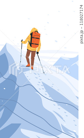 Hiker with backpack and trekking poles climbing snowy mountain peak winter adventure outdoor activity landscape 118027174