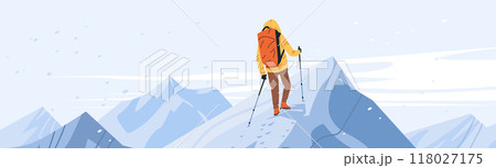 Hiker in yellow jacket with backpack and trekking poles climbing snowy mountain peak under clear sky. Winter adventure landscape 118027175