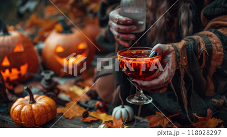 Halloween Cocktail in a Glass Held by Skeleton Hand Halloween Cocktail in a Glass Held by Skeleton Hand 118028297