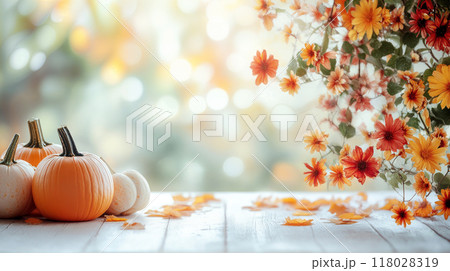 Pumpkins and Autumn Flowers 118028319
