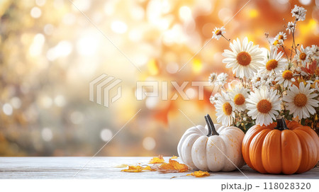 Pumpkins and Autumn Flowers 118028320