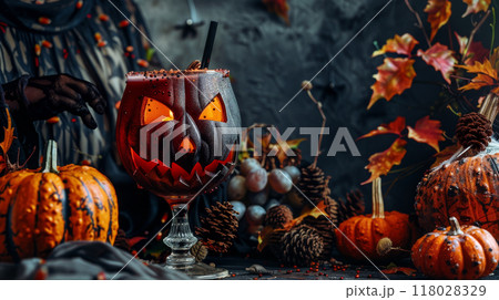 Halloween Cocktail in a Glass Held by Skeleton Hand 118028329