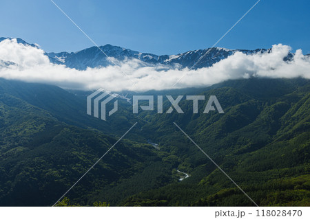 日本　長野県北安曇郡白馬村の白馬岩岳山頂にあるハクバマウンテンハーバーから見える白馬三山 118028470