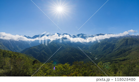 日本 長野県北安曇郡白馬村の白馬岩岳山頂にあるハクバマウンテンハーバーから見える白馬三山 日本 長野県北安曇郡白馬村の白馬岩岳山頂にあるハクバマウンテンハーバーから見える白馬三山 118028480