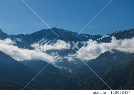 日本　長野県北安曇郡白馬村の白馬岩岳山頂にあるハクバマウンテンハーバーから見える白馬三山 118028484