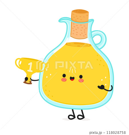 Cute funny Olive oil hold gold trophy cup. Vector hand drawn cartoon kawaii character illustration icon. Isolated on white background. Olive oil with winner trophy cup Cute funny Olive oil hold gold trophy cup. Vector hand drawn cartoon kawaii character illustration icon. Isolated on white background. Olive oil with winner trophy cup 118028758