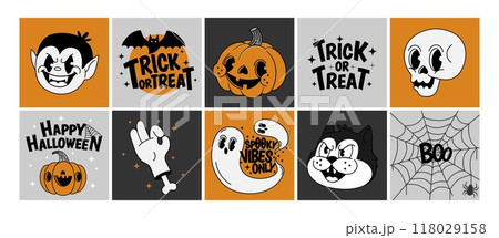 Halloween stickers. Retro Happy Halloween cards with funny creepy characters. Autumn festive elements with quotes, phrases. Groovy patches and labels. Vector illustration Halloween stickers. Retro Happy Halloween cards with funny creepy characters. Autumn festive elements with quotes, phrases. Groovy patches and labels. Vector illustration 118029158