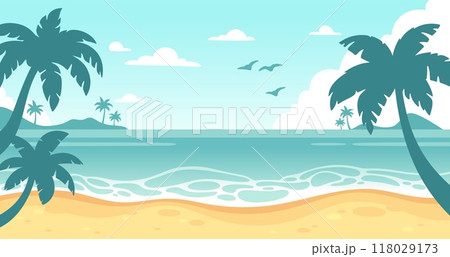 Abstract summer beach with palms. Paradise sunrise with sand beach, blue sky and clouds. Tropical nature background for poster, card design. Sunlight and ocean waves. Vector concept 118029173