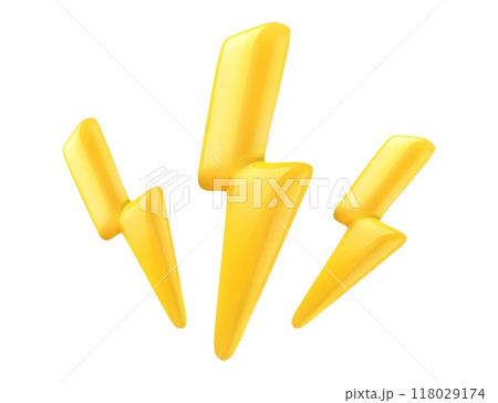 3d lightning. Yellow 3 thunderbolts with glossy reflection icon. Render of lightning hit, electric strikes, flash of thunderbolt. Isolated cartoon vector illustration 118029174