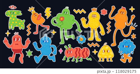 Abstract psychedelic character. Cartoon sticker surreal shape and cute element. Trendy weird funky quirky characters with positive emotions. Retro comic style. Doodle naive forms fantasy vector 118029175