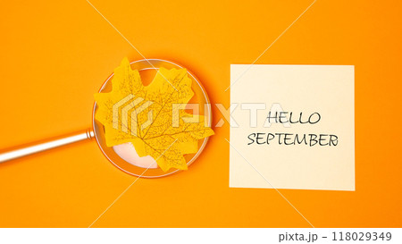 Magnifying glass with yellow leaf and note with words Hello September. Concept of beginning of autumn and new season Magnifying glass with yellow leaf and note with words Hello September. Concept of beginning of autumn and new season 118029349