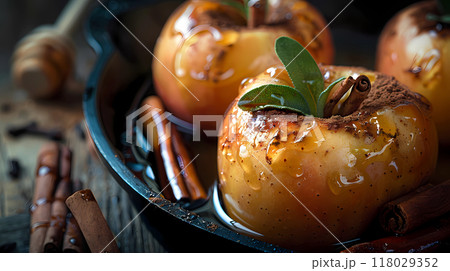 Caramelized baked apples garnished glistening with syrup and cinnamon. 118029352
