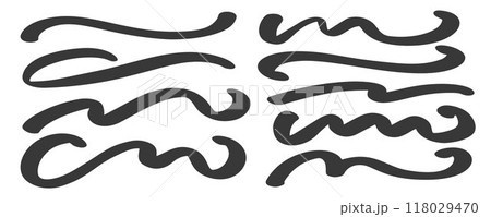 Swoosh vector lines. Swirl strokes and underlines. Swash hand drawn calligraphic elements. Decorative curve squiggles. Black paint brushstrokes on white background. Swoosh vector lines. Swirl strokes and underlines. Swash hand drawn calligraphic elements. Decorative curve squiggles. Black paint brushstrokes on white background. 118029470