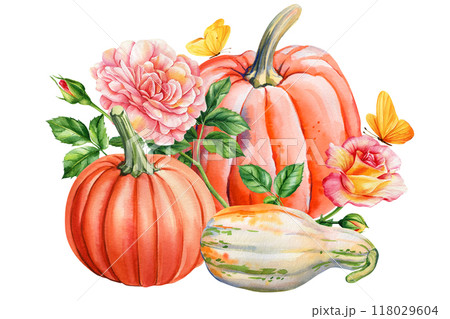 Autumn pumpkins, flowers, leaves isolated. Watercolor hand-painted fall. greeting card, poster, autumn festival, design Autumn pumpkins, flowers, leaves isolated. Watercolor hand-painted fall. greeting card, poster, autumn festival, design 118029604
