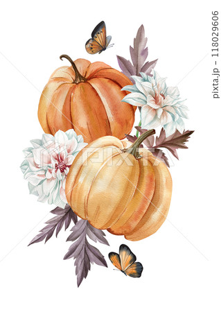 Vintage pumpkins, flowers, leaves isolated. Watercolor hand-painted fall. greeting card, poster, autumn festival, design Vintage pumpkins, flowers, leaves isolated. Watercolor hand-painted fall. greeting card, poster, autumn festival, design 118029606