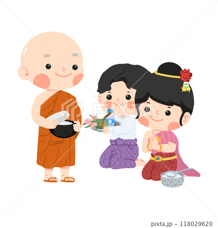 Buddhist monk receive food offering from couple 118029620